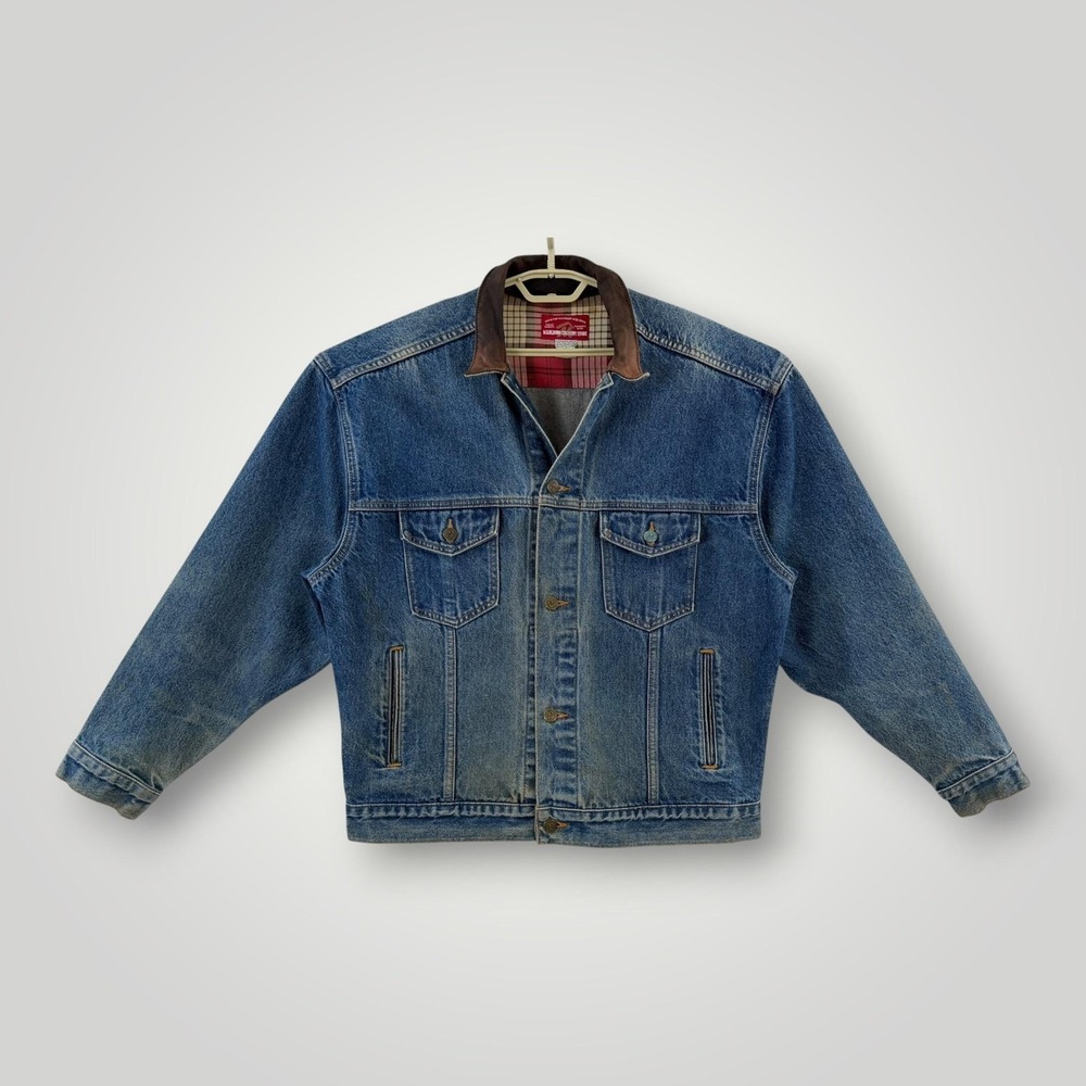 VTG Marlboro Country Store Denim Jacket L Leather Collar Plaid Lined